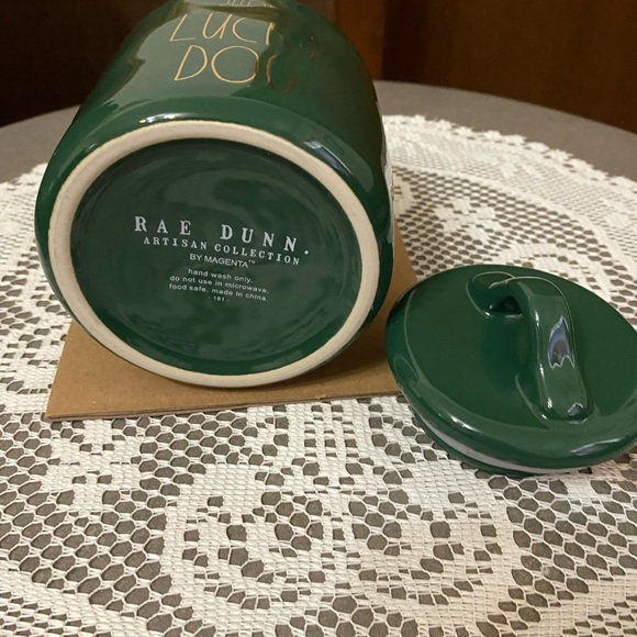 Rae Dunn Lucky Dog canister green with gold letters. - Picture 3 of 7